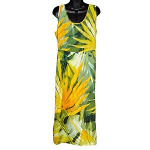 Vintage 90s Jams World Suva Palm Leaf Sleeveless Maxi Dress Green Yellow Large
